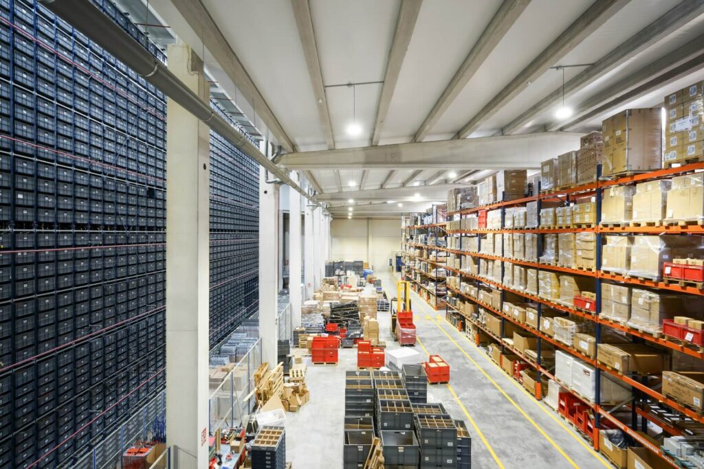 A large warehouse with lots of boxes.