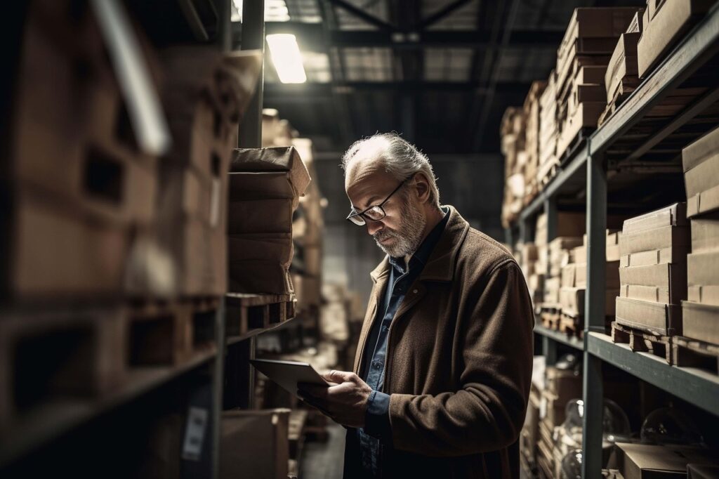 Person standing between shelves of boxes in a warehouse