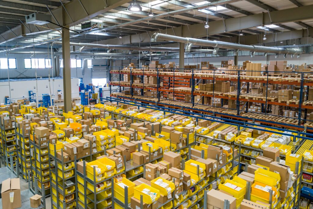 rows of boxes in a warehouse for high-volume order processing