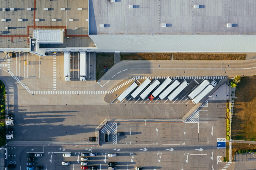 aerial view of vehicles in a parking area